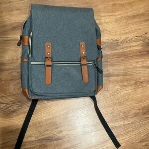 New Grey Canvas Backpack with Brown Trim